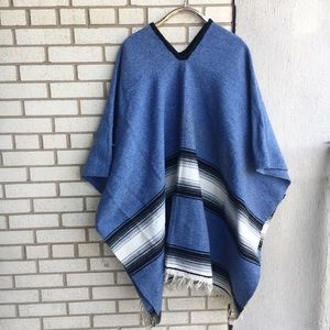 Vintage Native Blanket Poncho Stripe Fringe Blue